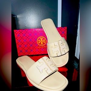 TORY BURCH DOUBLE TT LEATHER SPORT SLIDE SANDAL
